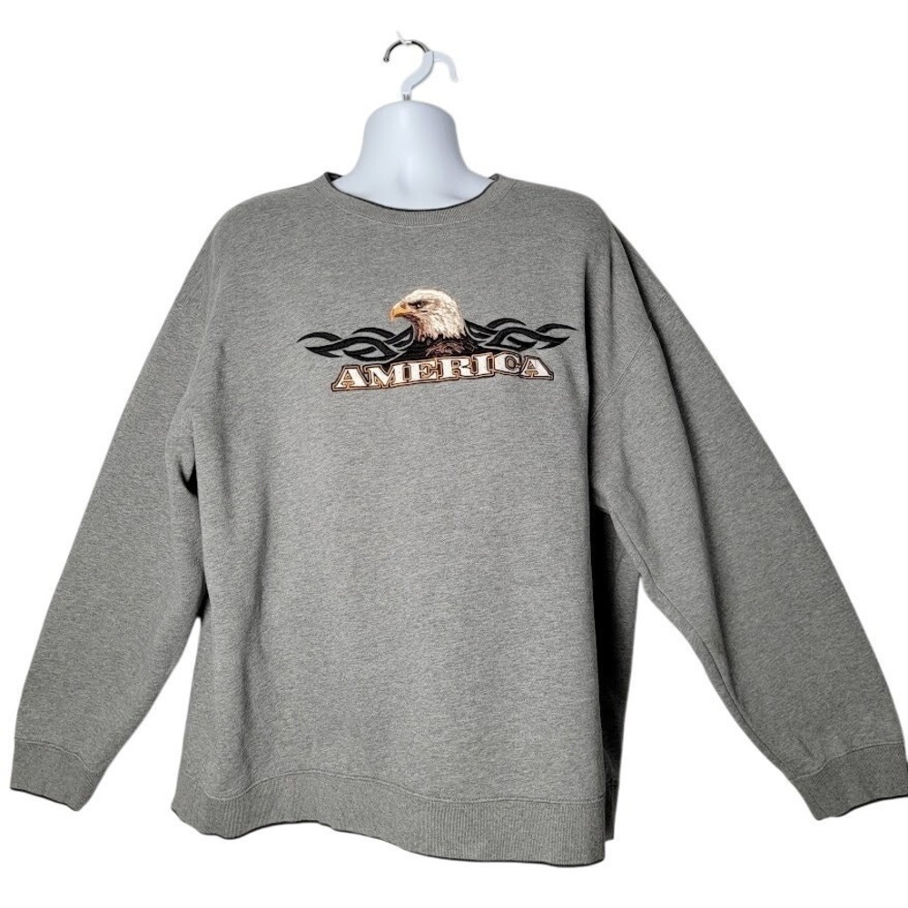 Croft & Barrow Men's XXL Gray Sweatshirt Bald Eagle America Embroidered Cotton
